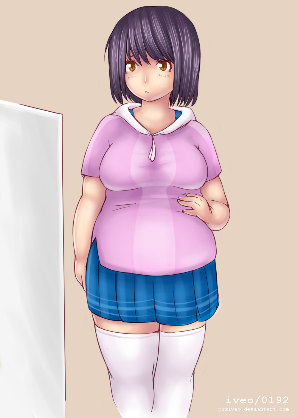 1girl, :<, black_hair, brown_eyes, hand_on_own_stomach, highres, hoodie, iveo, miniskirt, original, plump, short_hair, skirt, solo, thigh-highs, weight_conscious, white_legwear