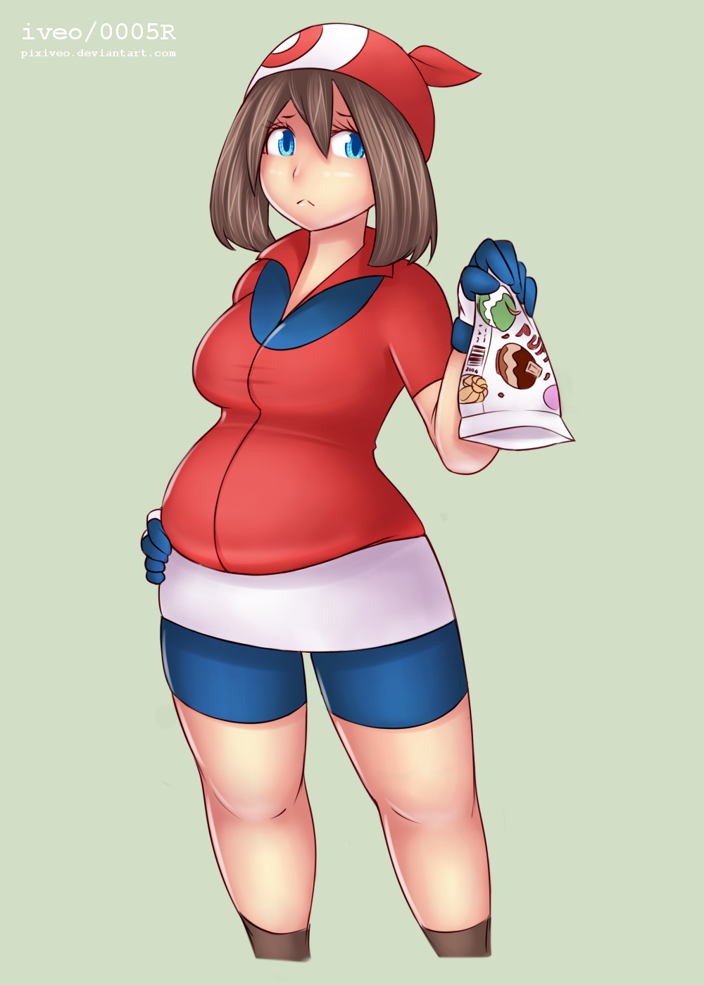 1girl, :<, bag, bandana, belly, bike_shorts, blue_eyes, brown_hair, food, hand_on_hip, haruka_(pokemon), highres, iveo, jacket, miniskirt, plump, pokemon, skirt, solo