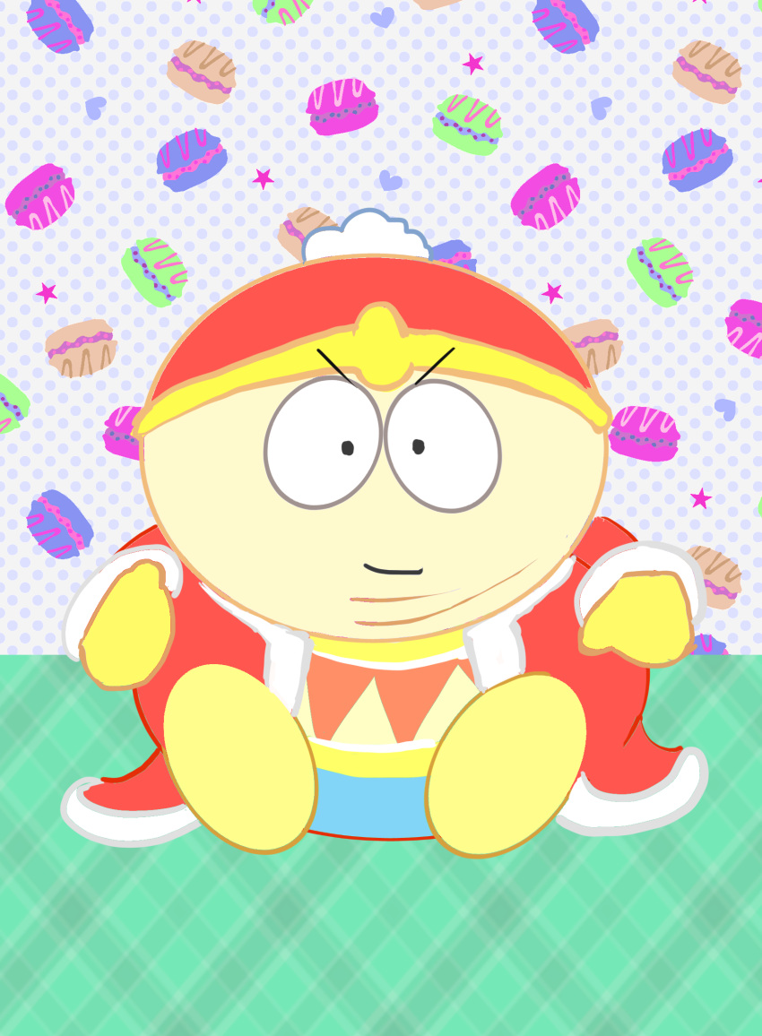 1boy, absurdres, comedy_central, crossover, eric_cartman, hal_laboratory_inc., highres, hoshi_no_kirby, king_dedede, king_dedede_(cosplay), kirby_(series), nintendo, sitting, solo, south_park, super_smash_bros., tagme, viacom