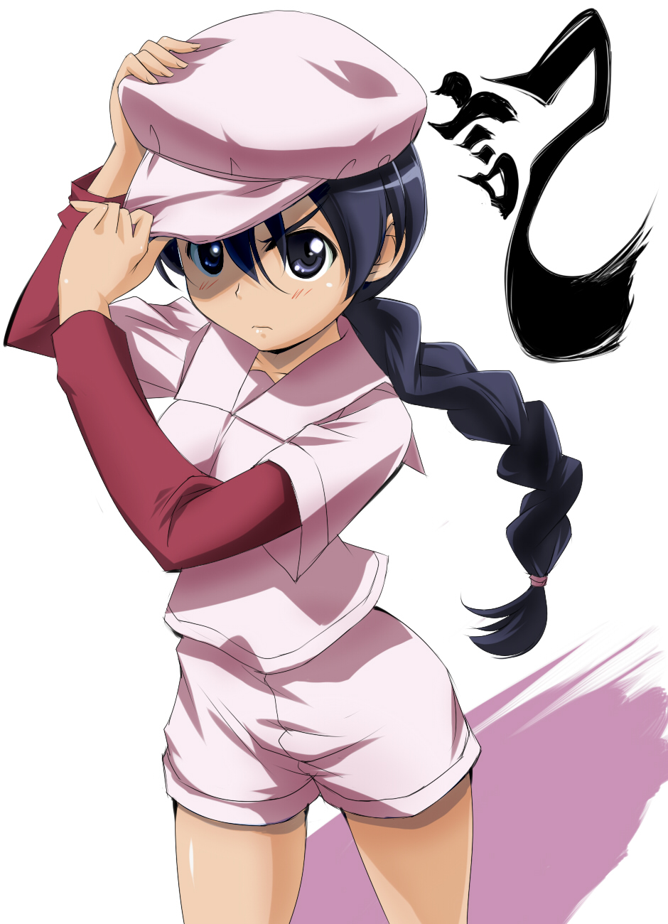 blue_eyes, blue_hair, braid, hat, hat_tug, highres, nomal, owari_noriko