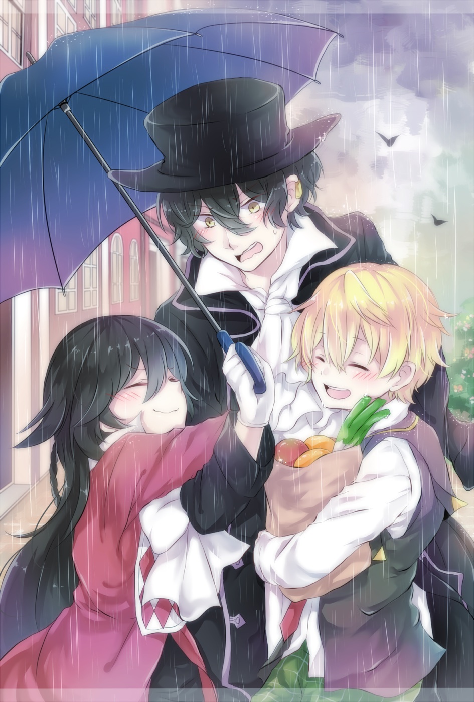 1girl, 2boys, alice_(pandora_hearts), bag, black_hair, blonde_hair, bow, braid