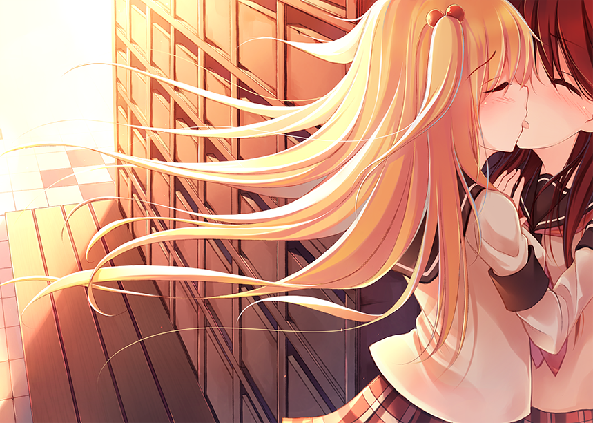 2girls, blonde_hair, blush, bow, brown_hair, closed_eyes, hair_bow, kiss