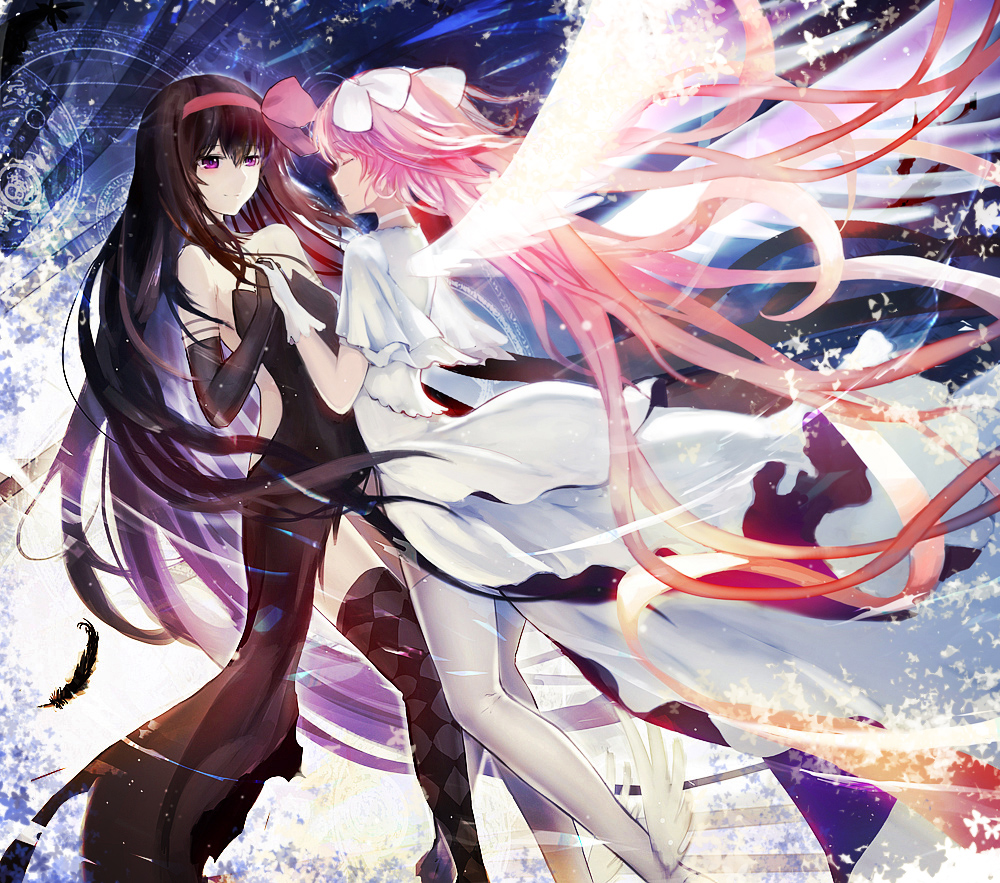 2girls, absurdly_long_hair, akemi_homura, akuma_homura, argyle, argyle_legwear, bare_shoulders, black_gloves, black_hair, bow, choker, closed_eyes, dress, elbow_gloves, gloves, goddess_madoka, hair_bow, holding_hands, interlocked_fingers, kaname_madoka, long_hair, looking_at_another, mahou_shoujo_madoka_magica, mahou_shoujo_madoka_magica_movie, multiple_girls, pink_hair, sixingcao, smile, spoilers, thigh-highs, two_side_up, very_long_hair, violet_eyes, white_dress, white_gloves, white_legwear, wings, yuri, zettai_ryouiki