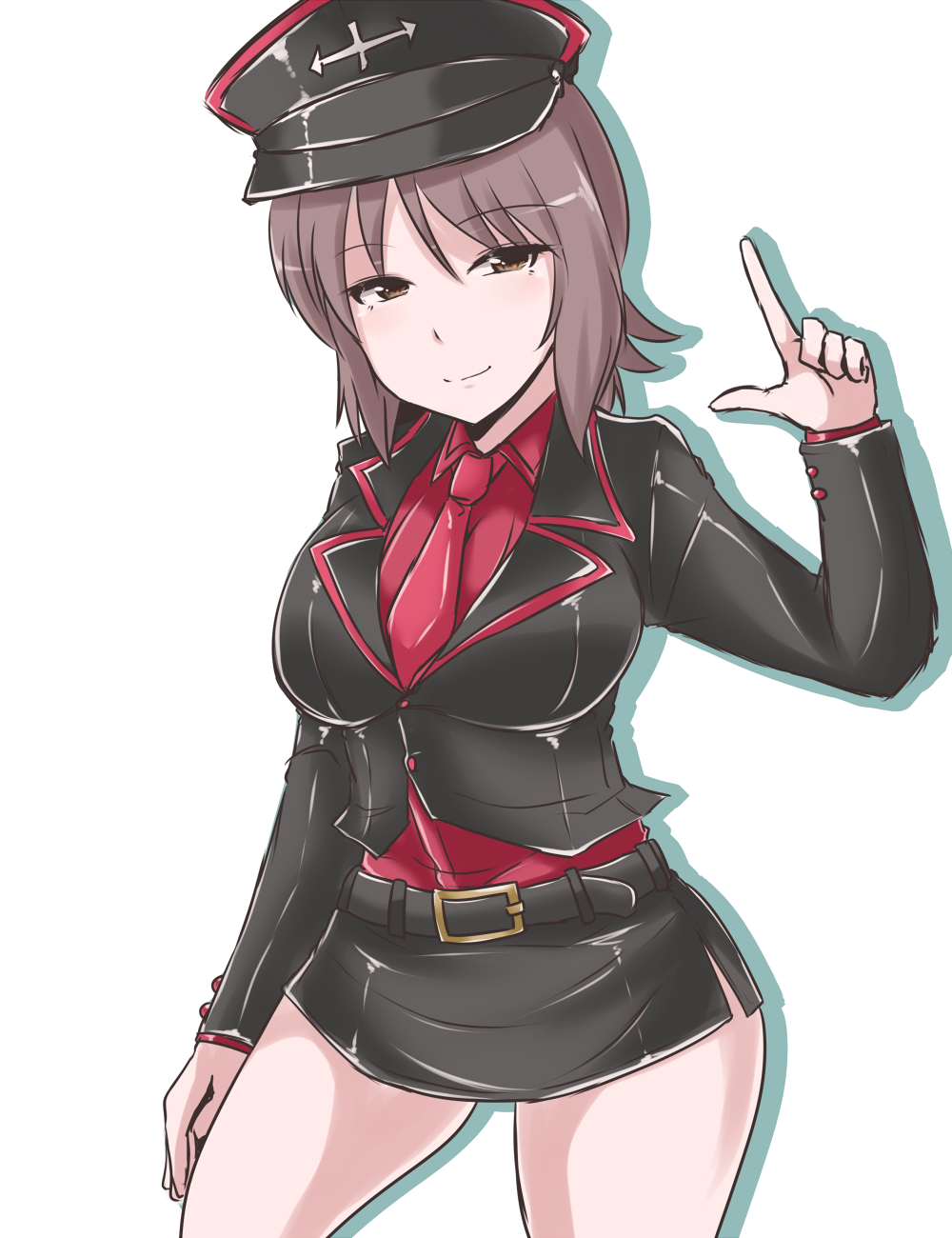1girl, breasts, brown_eyes, brown_hair, girls_und_panzer, hat, highres, looking_at_viewer