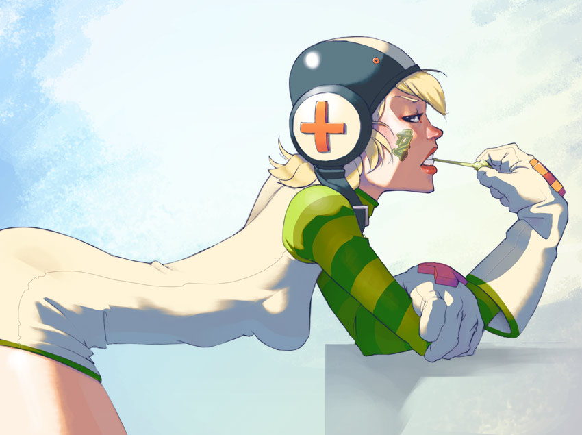 1girl, bent_over, blonde_hair, chewing_gum, cross, dress, facial_tattoo, gloves
