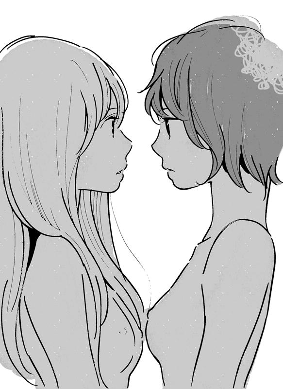 2girls, aldnoah.zero, asseylum_vers_allusia, bust, close-up, eye_contact, greyscale, hair_down