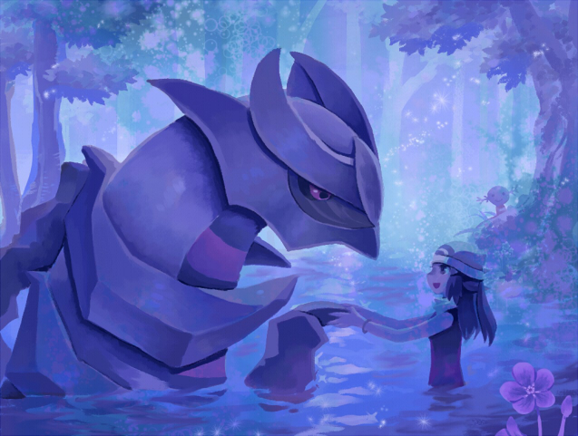 1girl, flower, giratina, hat, hikari_(pokemon), night, nintendo, pokemon