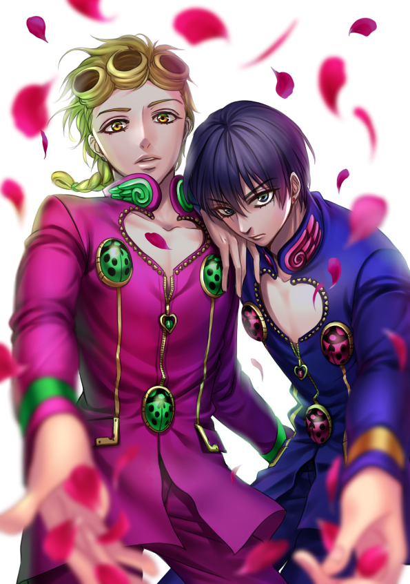 2boys, aikabocha, black_hair, blonde_hair, brown_eyes, dual_persona, giorno_giovanna, green_eyes, jojo_no_kimyou_na_bouken, multiple_boys, petals, yellow_eyes