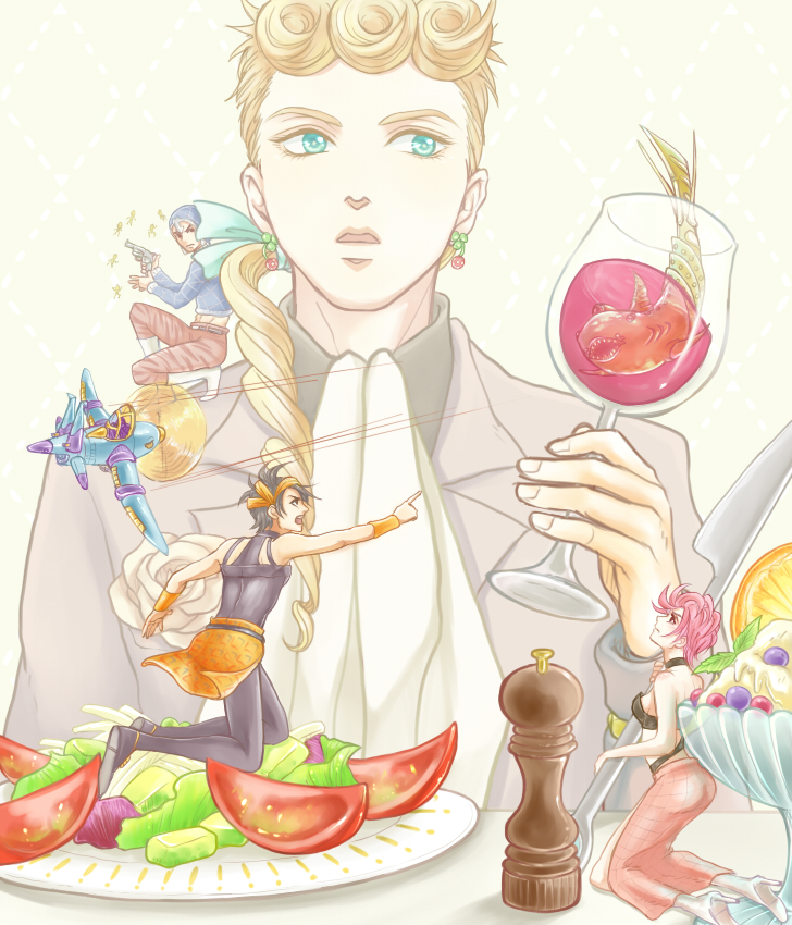 1girl, 3boys, aerosmith_(stand), alcohol, bib, clash_(stand), cup, curly_hair