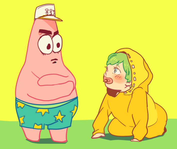 1boy, 1girl, animal, baby, crossover, fusion, green_hair, hat, hu_(saimens), jojo_no_kimyou_na_bouken, kuujou_jolyne, nickelodeon, pacifier, patrick_star, sea_creature, spongebob_squarepants, starfish, younger