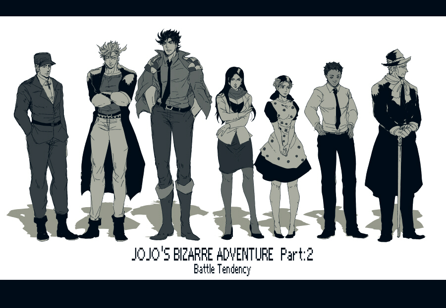2girls, 5boys, april_rain, caesar_anthonio_zeppeli, ghost_in_the_shell, ghost_in_the_shell_lineup, ghost_in_the_shell_stand_alone_complex, jojo_no_kimyou_na_bouken, joseph_joestar_(young), lineup, lisa_lisa, mark_(jojo), monochrome, multiple_boys, multiple_girls, parody, robert_eo_speedwagon, smokey_brown, suzi_quatro