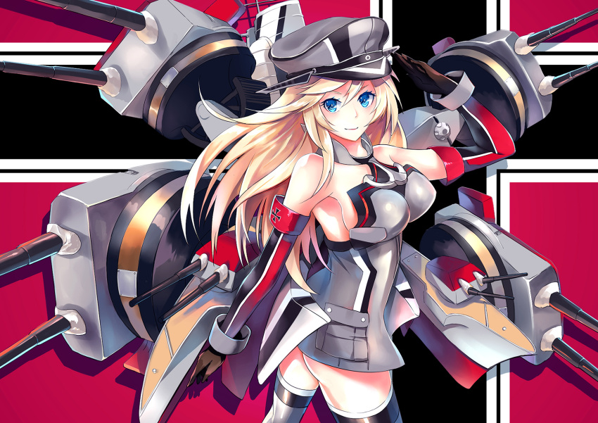 1girl, bismarck_(kantai_collection), black_gloves, blonde_hair, blue_eyes, breasts, cowboy_shot, detached_sleeves