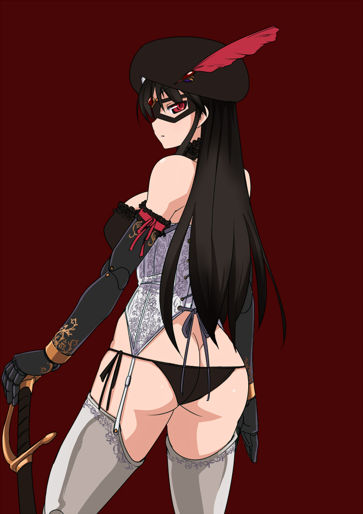 1girl, bare_shoulders, black_hair, breasts, brown_background, elbow_gloves, gloves, hat