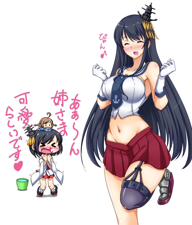>_<, 3girls, :d, ^_^, blood, blush, bucket, camera, closed_eyes, cosplay, fairy_(kantai_collection), fusou_(kantai_collection), gloves, hair_ornament, kantai_collection, leg_up, midriff, mound_of_venus, multiple_girls, navel, nokokopopo, nosebleed, on_head, open_mouth, school_uniform, serafuku, short_hair, single_thighhigh, skirt, smile, standing, thigh-highs, tissue, white_background, white_gloves, yamashiro_(kantai_collection)