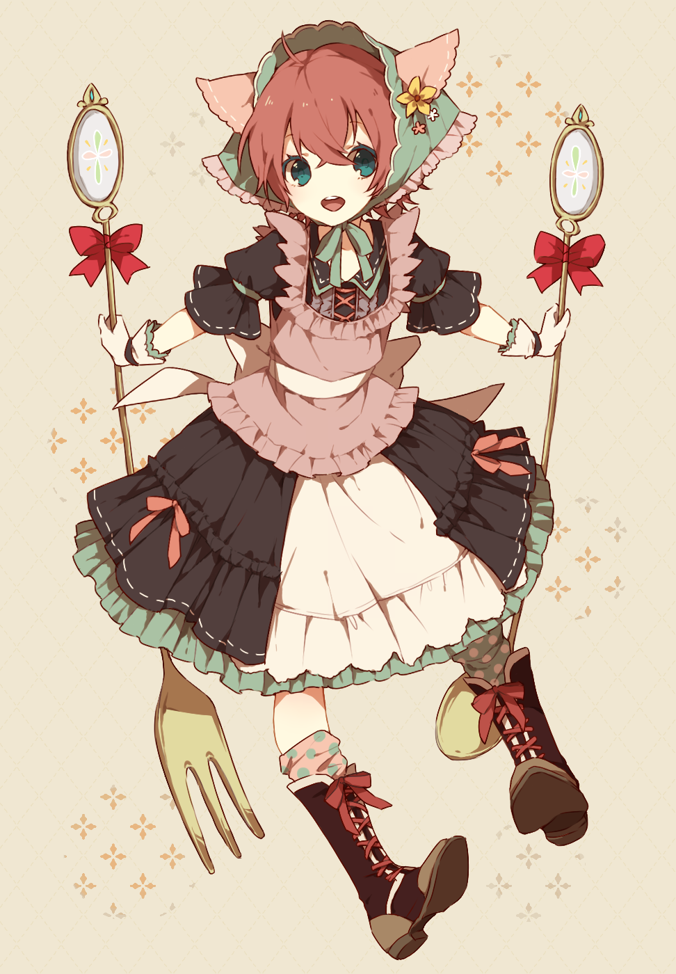 1girl, animal_ears, blue_eyes, boots, cat_ears, dress, fork, headwear