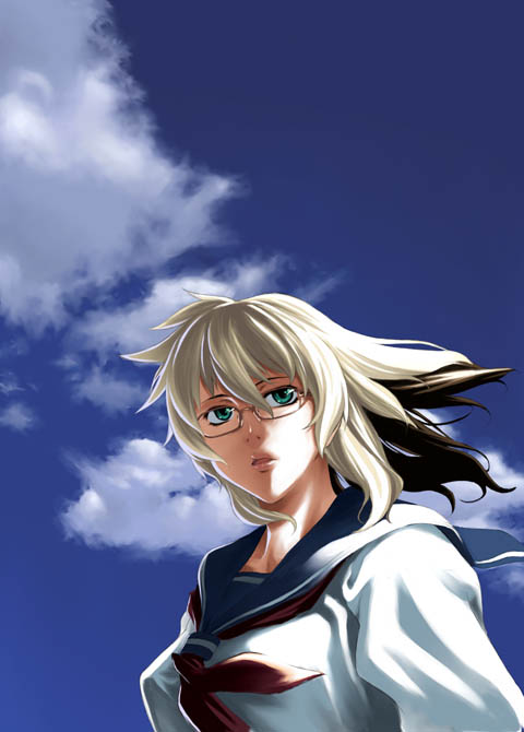 cloud, glasses, long_hair, multicolored_hair, oono_hikaru, school_uniform, serafuku, sky