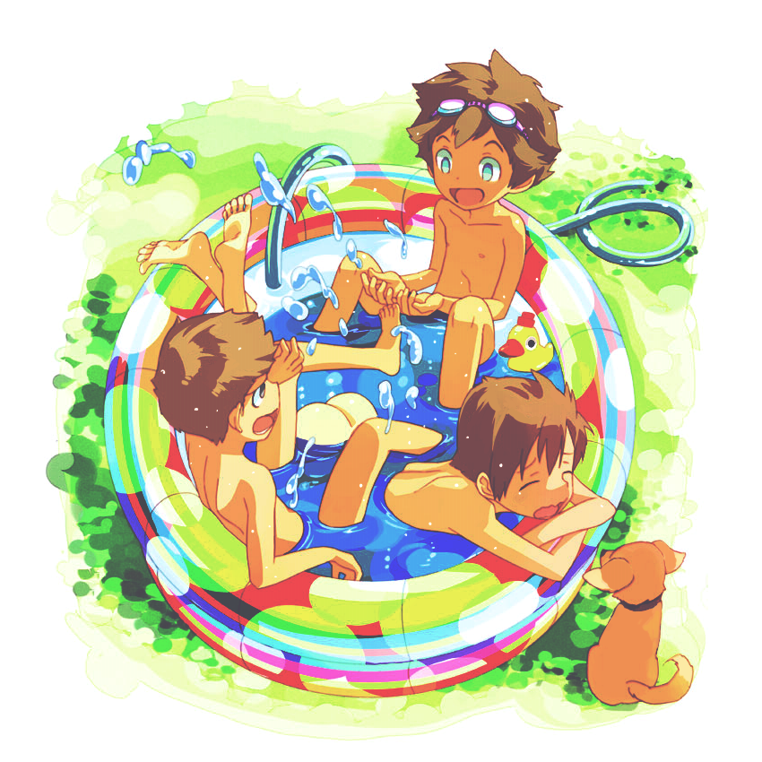 3boys, ass, brown_hair, closed_eyes, dog, genda, goggles, goggles_on_head, hose, jpeg_artifacts, male, multiple_boys, nipples, nude, original, short_hair, wading_pool, water, white_background