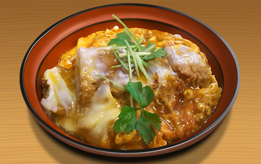 food, hokkaido_(artist), katsudon_(food), no_humans, original, photorealistic, rice_bowl