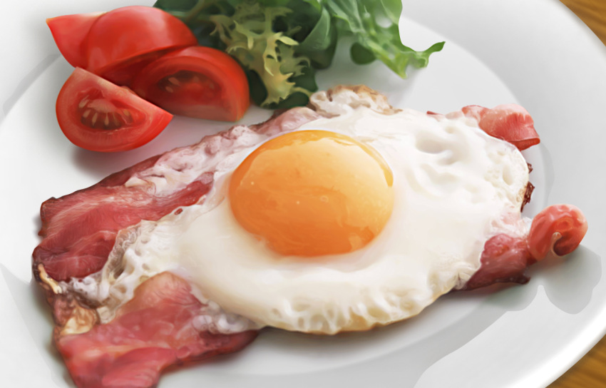 bacon, breakfast, egg, food, hokkaido_(artist), lettuce, no_humans, original, photorealistic, sunny_side_up_egg, tomato