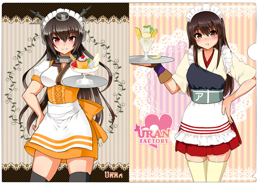 2girls, adapted_costume, akagi_(kantai_collection), alternate_costume, apron, black_hair, breasts, brown_hair