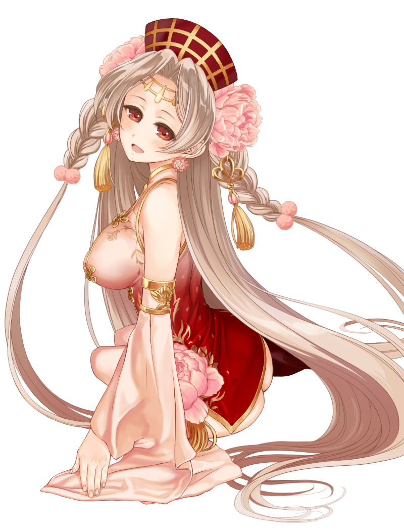 1girl, ass, braid, breasts, brown_hair, china_dress, chinese_clothes, hat