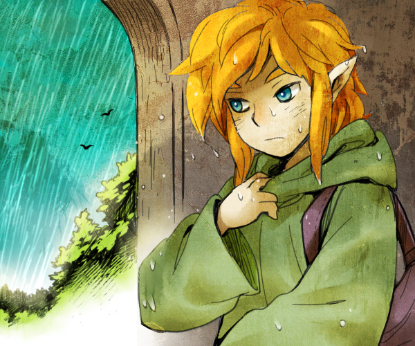 1boy, bird, blonde_hair, blue_eyes, hoodie, link, pointy_ears, rain
