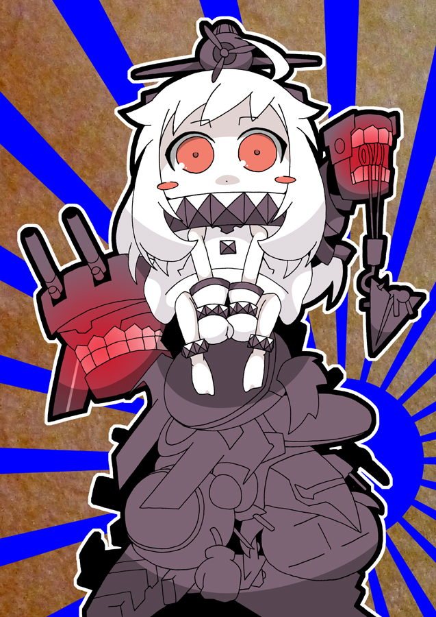 1girl, ahoge, airplane, blush_stickers, chibi, covered_mouth, dress, horns, kantai_collection, long_hair, looking_at_viewer, mahoroba_shirou, mittens, northern_ocean_hime, red_eyes, shinkaisei-kan, sitting, solo, tagme, white_dress, white_hair, white_skin
