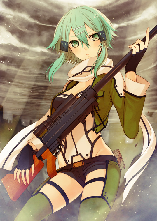 1girl, anti-materiel_rifle, fingerless_gloves, gloves, green_eyes, green_hair, gun, hoshimachi
