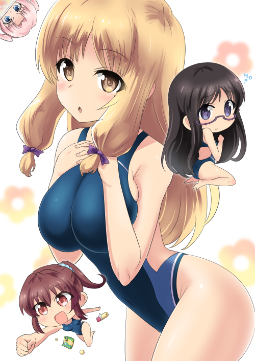 05_(passelclow), 4girls, blonde_hair, brown_hair, chibi, competition_swimsuit, endou_rino, glasses
