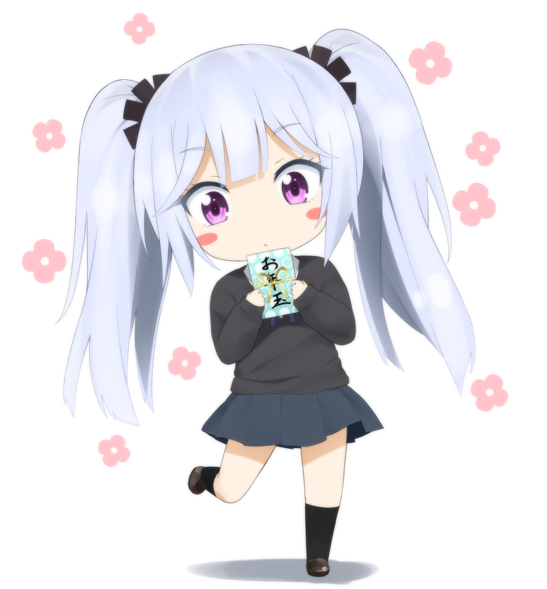 1girl, blush_stickers, chibi, d-frag!, flower, full_body, hair_ornament, haribote_(tarao)