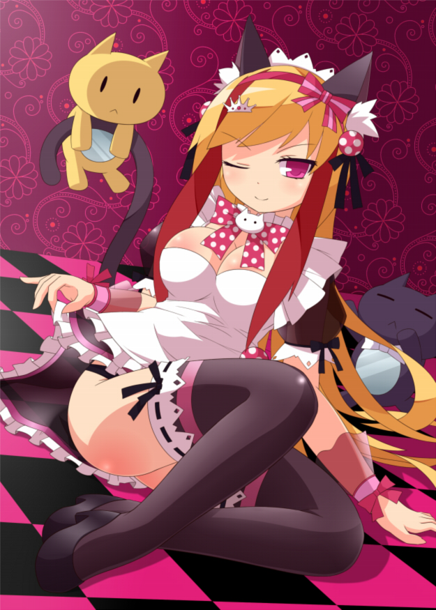 1girl, ;d, animal_ears, beatmania, beatmania_iidx, black_legwear, blonde_hair, breasts