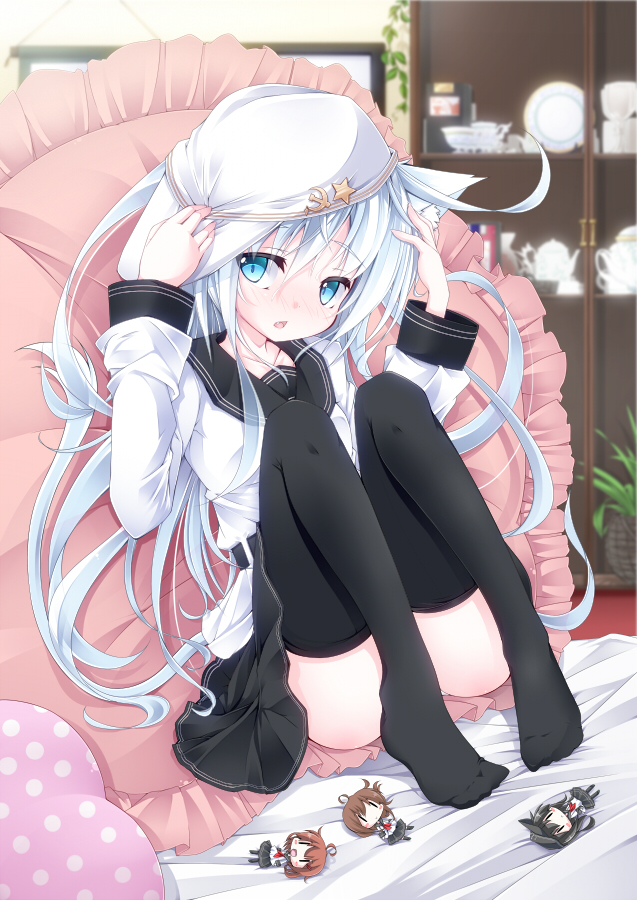 4girls, adjusting_clothes, adjusting_hat, akatsuki_(kantai_collection), animal_ears, black_legwear, blue_eyes, brown_hair