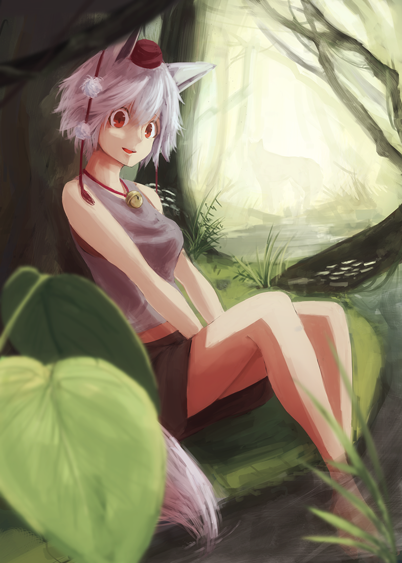 1girl, animal_ears, bare_arms, bare_shoulders, barefoot, breasts, feet_in_water, hat