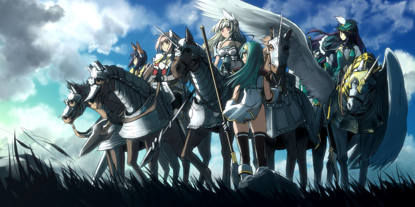 5girls, animal_ears, armor, blonde_hair, blue_eyes, blue_hair, brown_hair, carrie_(sennen_sensou_aigis)