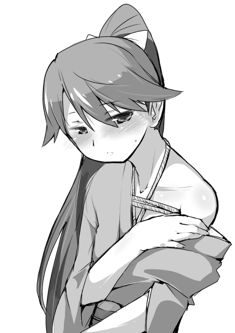 1girl, bdsm, blush, bondage, houshou_(kantai_collection), isshitaira, japanese_clothes, kantai_collection, long_hair, monochrome, ponytail, rope