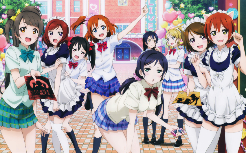 absurdres, animal_ears, apron, ayase_eli, black_hair, blonde_hair, blue_eyes, blue_hair