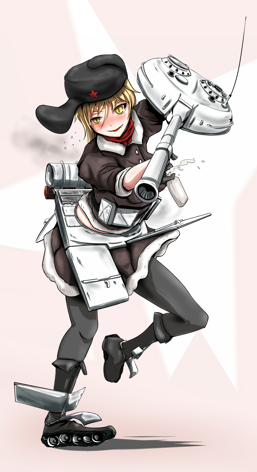 1girl, black_hair, blonde_hair, blush, boots, cannon, fang, highres