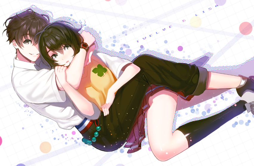 1boy, 1girl, black_hair, brown_hair, hug, mingou91, mishima_lisa, school_uniform