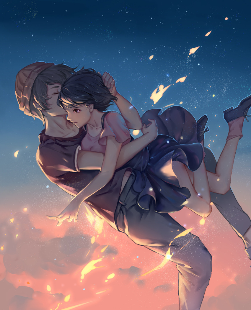 1boy, 1girl, absurdres, bamboocm, black_hair, closed_eyes, hat, highres