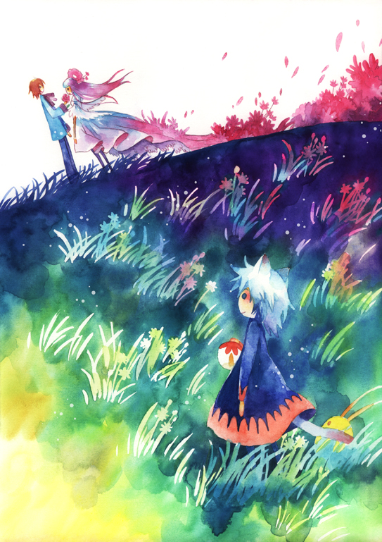 couple, dress, flower, grass, long_hair, muxiaying, original, pink_hair, rose, tail