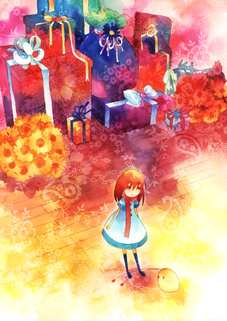 doll, dress, gift, muxiaying, original, red_eyes, red_hair, redhead, scarf, solo, thigh-highs, thighhighs