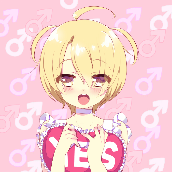 1boy, ahoge, blonde_hair, blush, love_stage!!, male, mars_symbol, msp_sammy, open_mouth, sena_izumi, short_hair, smile, solo, trap, yellow_eyes, yes-no_pillow