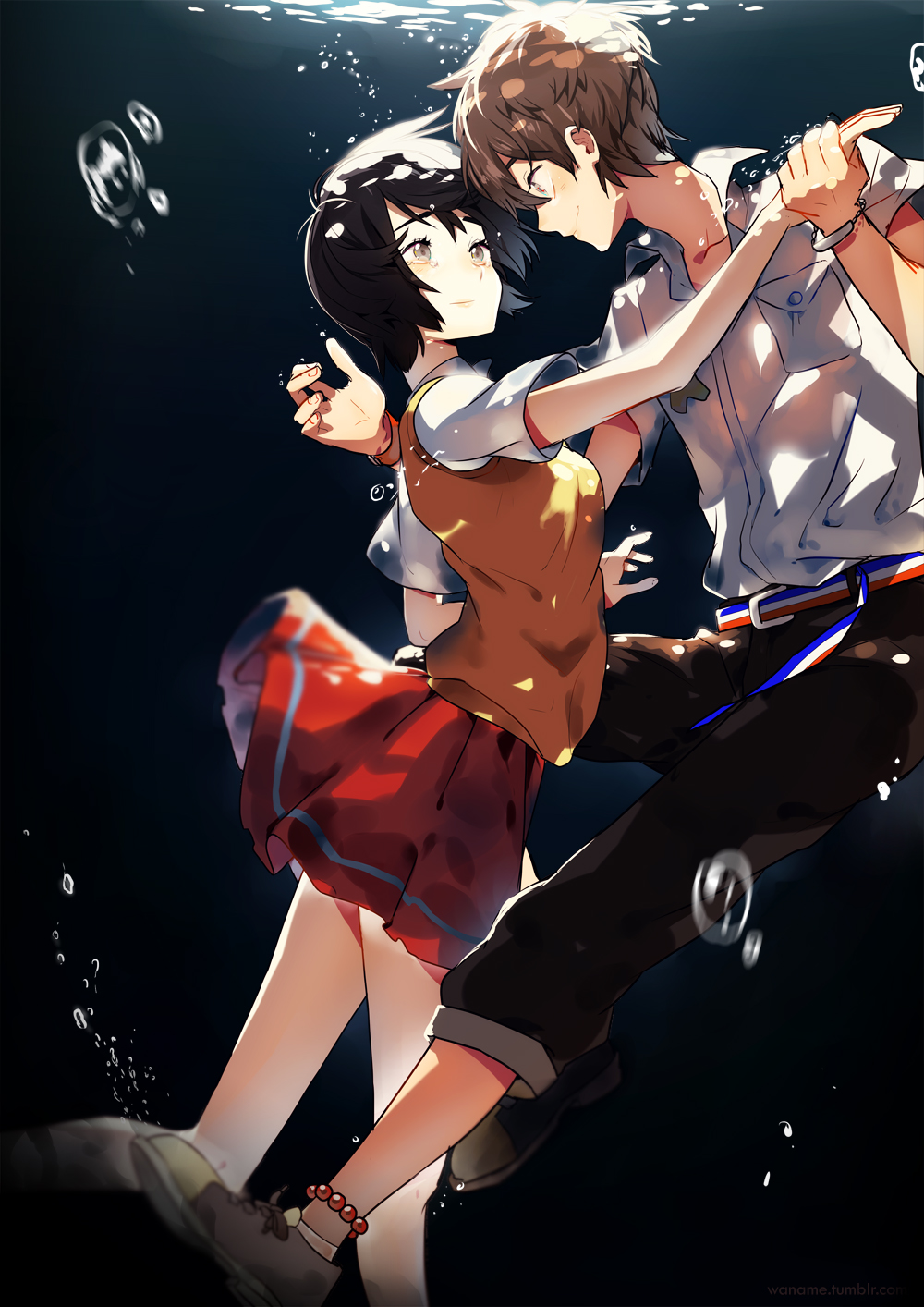 1boy, 1girl, black_hair, brown_hair, highres, looking_at_another, mishima_lisa, school_uniform, short_hair, smile, sweater_vest, tears, twelve_(zankyou_no_terror), underwater, wan_(waname), zankyou_no_terror