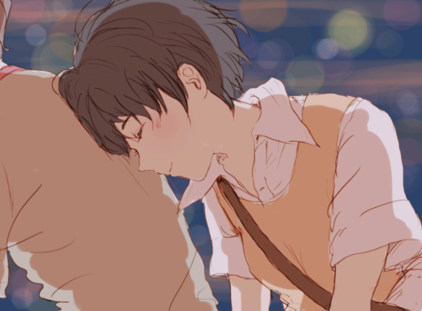 1boy, 1girl, applebrown, black_hair, brown_hair, closed_eyes, mishima_lisa, school_uniform