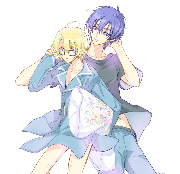2boys, ahoge, androgynous, blonde_hair, blue_eyes, blue_hair, blush, body_pillow