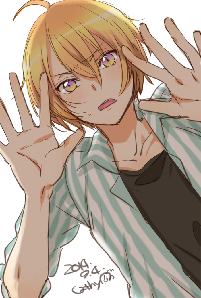 1boy, ahoge, artist_name, blonde_hair, blush, dated, love_stage!!, male