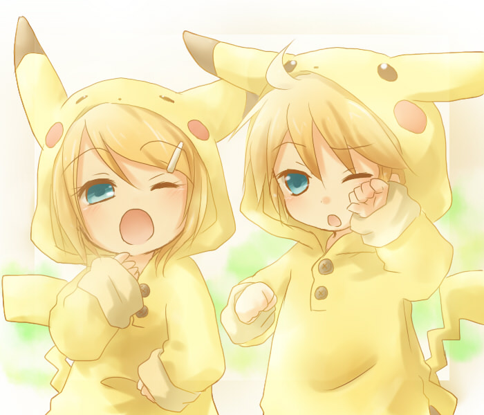 1girl, animal_ears, aqua_eyes, blonde_hair, child, cosplay, costume, hair_ornament, hairclip, hidacafe, kagamine_len, kagamine_rin, pikachu, pikachu_(cosplay), pokemon, short_hair, siblings, twins, vocaloid, wink, yawn, yawning, young