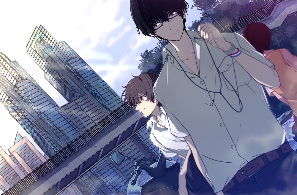 1girl, 2boys, black_hair, building, glasses, mishima_lisa, multiple_boys, nic_(kevin)