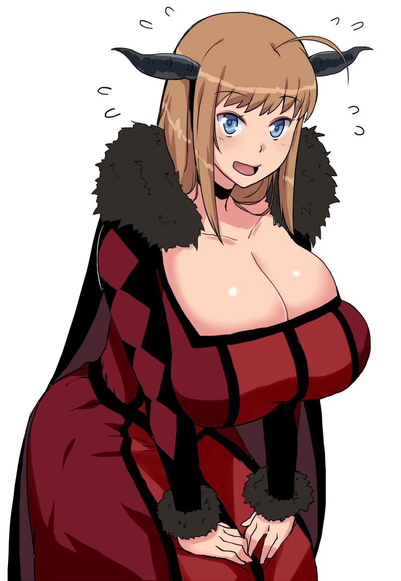1girl, ahoge, blue_eyes, breasts, brown_hair, bursting_breasts, cleavage, female