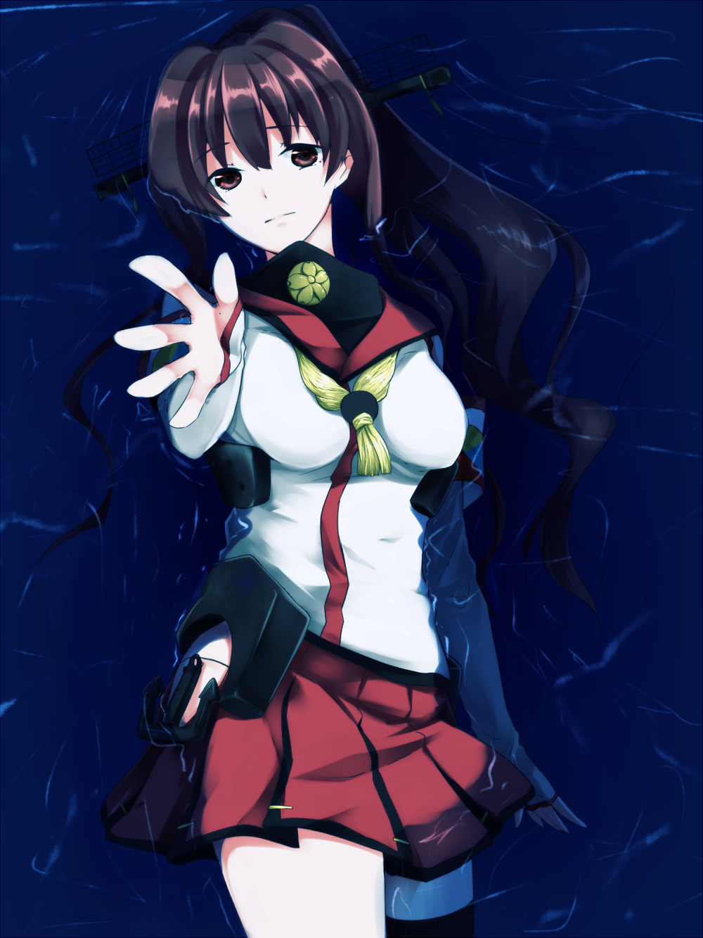 1girl, anchor, black_legwear, breasts, brown_eyes, brown_hair, detached_sleeves, elbow_gloves
